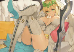 Rule 34 | 10s, 1girl, aestus estus, ahoge, ass, bare shoulders, belt, belt skirt, bianyuanqishi, blonde hair, boots, breasts, breasts apart, bridal veil, buckle, cleavage, couch, crossed legs, detached sleeves, elbow gloves, fate/extra, fate/extra ccc, fate (series), from side, full-length zipper, gloves, green eyes, hair between eyes, hair intakes, twirling hair, hands up, head tilt, high heel boots, high heels, indoors, knee up, large breasts, laurel crown, leaning back, leg up, leotard, looking at viewer, nero claudius (bride) (fate), nero claudius (bride) (third ascension) (fate), nero claudius (fate), nero claudius (fate) (all), on couch, parted lips, pillow, planted, planted sword, planted weapon, ribbon trim, short hair with long locks, sidelocks, signature, sitting, smile, solo, strapless, strapless leotard, sword, thigh boots, thigh strap, thighhighs, thighs, unzipped, veil, waist cape, weapon, white footwear, white gloves, white leotard, white thighhighs, zipper, zipper pull tab