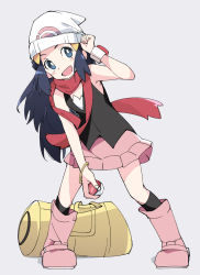 Rule 34 | 1girl, bag, beanie, blue eyes, blue hair, boots, bracelet, creatures (company), dawn (pokemon), full body, game freak, grey background, hat, holding, holding poke ball, ixy, jewelry, long hair, nintendo, pink footwear, poke ball, poke ball (basic), pokemon, pokemon dppt, poketch, red scarf, scarf, simple background, sleeveless, socks, solo, standing, watch, white hat, wristwatch