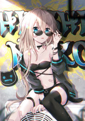 Rule 34 | 1girl, ahoge, air conditioner, bandaid, bandaid on knee, bandaid on leg, bandaid on stomach, bare shoulders, between legs, black choker, black jacket, black nails, black shorts, black thighhighs, blonde hair, blue eyes, breasts, choker, collarbone, commentary request, eyewear pull, feet out of frame, graffiti, hair between eyes, hand between legs, hood, hood down, hooded jacket, jacket, long hair, long sleeves, looking over eyewear, nail polish, navel, off shoulder, original, puffy long sleeves, puffy sleeves, pulling own clothes, shorts, single thighhigh, sitting, small breasts, solo, sunglasses, thighhighs, tia-chan, uchuuneko, very long hair