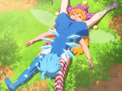 Rule 34 | 2girls, 69, ahoge, american flag, blonde hair, blue hair, cirno, clownpiece, face in crotch, fairy, fairy wings, flag print, girl on top, grass, hat, highres, ice, ice wings, jester cap, leggings, long hair, multiple girls, open mouth, outdoors, red eyes, shadow, shirosato, star (symbol), sweat, thighhighs, touhou, wings