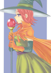Rule 34 | cape, chunsoft, dragon quest, dragon quest iii, dress, elbow gloves, enix, gloves, hat, kumikouj, mage (dq3), purple eyes, red hair, solo, staff, witch hat