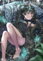 Rule 34 | 1girl, animal, barefoot, black dress, black gloves, black hair, black nails, blue archive, blue eyes, breasts, bug, butterfly, butterfly hair ornament, china dress, chinese clothes, coat, commentary, double bun, dragon print, dress, gloves, grey coat, hair bun, hair ornament, highres, hirokazu (analysis-depth), insect, kisaki (blue archive), long hair, long sleeves, nail polish, small breasts, solo, striped coat, toenail polish, toenails, twintails, vertical-striped coat