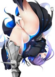 Rule 34 | 1girl, arched back, armor, armored boots, ass, black jacket, blue ribbon, blush, boots, breasts, cleft of venus, cropped jacket, crotch, crotch plate, fate/extra, fate/extra ccc, fate (series), flexible, greaves, jacket, juliet sleeves, leg up, long hair, long sleeves, looking at viewer, meltryllis (fate), mine (wizard), open mouth, partially visible vulva, prosthesis, prosthetic leg, puffy sleeves, purple hair, ribbon, simple background, sleeves past fingers, sleeves past wrists, small breasts, smile, solo, split, standing, standing on one leg, standing split, thighs, upside-down, very long hair, white background