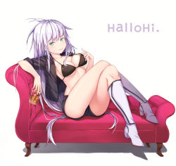Rule 34 | 1girl, absurdres, artist name, blush, boots, breasts, cleavage, closed mouth, collarbone, couch, cup, drinking glass, green eyes, hallohi, high heel boots, high heels, highres, holding, holding cup, holding drinking glass, knee boots, large breasts, long hair, looking at viewer, original, silver hair, sitting, smile, solo, white footwear
