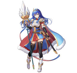 Rule 34 | 1girl, absurdres, armor, belt, blue eyes, blue hair, boots, breastplate, caeda (fire emblem), cape, closed mouth, commentary, dress, elbow gloves, fingerless gloves, fire emblem, fire emblem: mystery of the emblem, fire emblem heroes, full body, fur trim, gloves, gold trim, highres, holding, holding weapon, jewelry, long hair, looking at viewer, nintendo, official art, okuma mai, polearm, sheath, sheathed, short dress, short sleeves, shoulder armor, simple background, smile, solo, spear, standing, sword, thighhighs, tiara, weapon, white background, zettai ryouiki