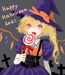 Rule 34 | 1girl, 2021, black dress, blonde hair, bow, candy, collar, collared shirt, crystal, dress, english text, fang, fangs, flandre scarlet, food, grey background, hair between eyes, halloween, halloween costume, hand up, hat, hat bow, highres, jewelry, lollipop, looking at viewer, multicolored wings, nanasuou, one side up, open mouth, orange bow, orange dress, puffy short sleeves, puffy sleeves, purple dress, purple hat, red bow, red eyes, shirt, short hair, short sleeves, simple background, solo, tongue, touhou, wings, witch hat