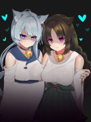 Rule 34 | 2girls, animal ears, asashio (azur lane), azur lane, bell, black background, blue eyes, blue hair, blue sailor collar, blue skirt, braid, breasts, brown hair, cat ears, clothing cutout, fang, fang out, glowing, glowing eyes, hair intakes, hakama, hakama short skirt, hakama skirt, heart, highres, japanese clothes, jingle bell, large breasts, long hair, long sleeves, looking at viewer, multiple girls, neck bell, nezuko, ooshio (azur lane), parted bangs, pink eyes, ponytail, sailor collar, shaded face, shoulder cutout, simple background, skirt, smile, twin braids, very long hair, wide sleeves, yandere