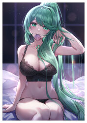 Rule 34 | 1girl, adjusting hair, black bra, black panties, blurry, blurry background, bra, breasts, chest jewel, condom, condom in mouth, condom wrapper, core crystal (xenoblade), curry bowl, green eyes, green hair, high ponytail, highres, large breasts, long hair, looking at viewer, mouth hold, navel, on bed, panties, pneuma (xenoblade), ponytail, sitting, smile, solo, swept bangs, underwear, underwear only, very long hair, xenoblade chronicles (series), xenoblade chronicles 2