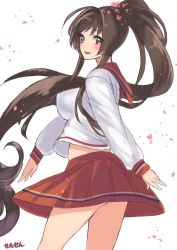 Rule 34 | 10s, 1girl, alternate costume, artist name, breasts, brown eyes, brown hair, cherry blossoms, collared shirt, female focus, flower, from side, hair flower, hair ornament, kantai collection, large breasts, long hair, long sleeves, looking at viewer, looking to the side, open mouth, petals, ponytail, school uniform, sensen, serafuku, shirt, simple background, skirt, smile, solo, very long hair, white background, yamato (kancolle)