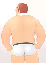 Rule 34 | 1boy, 3c pan, ass, back, bara, blush, boxer briefs, brown hair, facial hair, facial scar, feet out of frame, tamamura gunzo, highres, long sideburns, looking at viewer, looking back, male focus, male underwear, muscular, muscular male, scar, scar on cheek, scar on face, short hair, sideburns, solo, spiked hair, stubble, thick eyebrows, thick thighs, thighs, tokyo houkago summoners, topless male, towel, towel around neck, underwear, underwear only, white male underwear