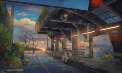 Rule 34 | 2girls, barefoot, brown eyes, brown hair, bubble, blowing bubbles, closed eyes, facing another, highres, kitsu+3, lily pad, long hair, looking away, multiple girls, original, outdoors, overgrown, ponytail, railing, railroad tracks, scenery, sitting, sunset, train station, tree