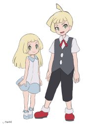 Rule 34 | 1boy, 1girl, bad id, bad twitter id, black pants, blonde hair, brother and sister, capri pants, creatures (company), dress, flat color, full body, game freak, gladion (pokemon), green eyes, koutetsu (fe steel stone), lillie (pokemon), long hair, nintendo, open mouth, pants, pokemon, pokemon (anime), pokemon sm (anime), short hair, siblings, simple background, sleeveless, sleeveless dress, smile, white background, white dress, aged down