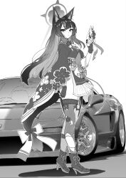 Rule 34 | 1girl, animal ears, blue archive, boots, car, fingerless gloves, fingernails, fox ears, full body, gloves, greyscale, halo, high heel boots, high heels, highres, holding, holding mask, japanese clothes, jun project, kimono, long hair, long sleeves, mask, monochrome, motor vehicle, simple background, solo, thighhighs, wakamo (blue archive), white background, wide sleeves