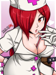 Rule 34 | 1girl, absurdres, alternate costume, between breasts, breasts, choker, cleavage, collarbone, cosplay, gloves, hair over one eye, hamu agaki, hat, heart, highres, large breasts, latex, latex gloves, nurse cap, open mouth, parasoul (skullgirls), pink background, red hair, skullgirls, solo, thermometer, valentine (skullgirls), valentine (skullgirls) (cosplay), yellow eyes