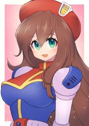 Rule 34 | 1girl, android, artist name, beret, blush, breasts, brown hair, gradient background, green eyes, hat, highres, iris (mega man), joints, long hair, looking at viewer, medium breasts, mega man (series), mega man x4, mega man x (series), pink background, robot joints, signature, simple background, smile, solo, tobitori, upper body