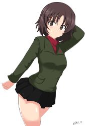 Rule 34 | 1girl, absurdres, aikir (jml5160), alina (girls und panzer), arm behind head, arm up, black skirt, brown eyes, brown hair, closed mouth, commentary, cowboy shot, cropped legs, dutch angle, girls und panzer, green jacket, highres, insignia, jacket, long sleeves, looking at viewer, miniskirt, one-hour drawing challenge, pleated skirt, pravda school uniform, red shirt, school uniform, shirt, short hair, simple background, skirt, smile, solo, standing, turtleneck, twitter username, white background