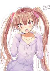 Rule 34 | 1girl, alternate costume, blush, brown eyes, brown hair, dark-skinned female, dark skin, hair between eyes, hair ornament, hair ribbon, highres, hizaka, hood, hoodie, kantai collection, libeccio (kancolle), long hair, long sleeves, looking at viewer, one-hour drawing challenge, open mouth, purple hoodie, ribbon, simple background, solo, twintails, white background
