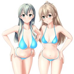 Rule 34 | 2girls, absurdres, aqua bikini, bikini, blue one-piece swimsuit, cowboy shot, green eyes, hair ornament, hairclip, hands on own hips, highres, kantai collection, kumano (kancolle), leaning forward, long hair, looking at viewer, multiple girls, one-piece swimsuit, silver hair, simple background, suzuya (kancolle), swimsuit, takafumi, umbrella, white background