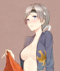 Rule 34 | 10s, 1girl, blue eyes, blush, breasts, chitose (kancolle), clothes lift, embarrassed, grey hair, hair ribbon, headband, kantai collection, open clothes, open shirt, parted lips, ribbon, shirt, simple background, skirt, skirt lift, solo, sweatdrop, upper body, uyu (keyakinoki)