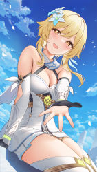 Rule 34 | 1girl, :d, absurdres, artist logo, artist name, bare shoulders, black gloves, blonde hair, blue sky, blush, breasts, cleavage, cloud, day, dress, falling petals, feather hair ornament, feathers, flower, fukuro daizi, genshin impact, gloves, hair flower, hair ornament, highres, looking at viewer, lumine (genshin impact), medium breasts, open mouth, outdoors, outstretched hand, partially fingerless gloves, petals, short hair with long locks, sitting, sky, smile, solo, teeth, thighhighs, thighs, upper teeth only, white dress, white flower, white thighhighs, yellow eyes, zettai ryouiki