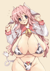 Rule 34 | 00s, 1girl, alternate breast size, animal ears, animal print, areola slip, bell, bikini, bikini under clothes, breasts, cameltoe, clothes lift, covered erect nipples, cow ears, cow girl, cow print, cow tail, cowbell, cowboy shot, erect sawaru, female focus, flying sweatdrops, gigantic breasts, glasses, hands up, head tilt, horns, huge breasts, long hair, long sleeves, lower teeth only, lucky star, micro bikini, navel, open mouth, pink hair, print bikini, purple eyes, ryouou school uniform, school uniform, serafuku, simple background, solo, swimsuit, swimsuit under clothes, tail, takara miyuki, teeth, white bikini