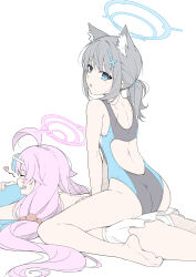 Rule 34 | 2girls, absurdres, ahoge, animal ear fluff, animal ears, ass, back, back cutout, barefoot, bikini, bikini skirt, black one-piece swimsuit, blue archive, blue eyes, blue one-piece swimsuit, blush, closed eyes, clothing cutout, competition swimsuit, cross hair ornament, ears, extra ears, eyewear on head, feet, from behind, girl on top, grey hair, hair ornament, halo, heart, highres, hoshino (blue archive), hoshino (swimsuit) (blue archive), long hair, looking at viewer, looking back, lying, masabodo, massage, multicolored clothes, multicolored swimsuit, multiple girls, official alternate costume, on stomach, one-piece swimsuit, open mouth, parted lips, pink hair, ponytail, revision, shiroko (blue archive), shiroko (swimsuit) (blue archive), shoulder blades, simple background, sitting, sitting on person, soles, sunglasses, swimsuit, thighs, twintails, two-tone swimsuit, very long hair, white background, white bikini
