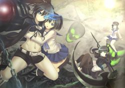 Rule 34 | 10s, 2girls, 4girls, absurdres, bad id, bad pixiv id, bikini, bikini top only, black bikini, black dress, black hair, black rock shooter, black rock shooter (character), black shorts, black sweater, blue eyes, blue skirt, breasts, cardigan, chain, cleavage, collarbone, dead master, dress, dual persona, flaming eyes, front-tie bikini top, front-tie top, green eyes, highres, holding, holding weapon, horns, kuroi mato, long hair, looking at viewer, multiple girls, navel, one eye closed, open cardigan, open clothes, open mouth, pleated skirt, scar, school uniform, scythe, short hair, short shorts, shorts, sitting, skirt, skull, small breasts, sola (sola04), sweater, swimsuit, takanashi yomi, weapon