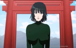 Rule 34 | 2girls, animated, animated gif, bouncing breasts, breasts, collared dress, covered erect nipples, dress, fubuki (one-punch man), green dress, green hair, kusujinn, large breasts, looking at viewer, multiple girls, one-punch man, short hair, tatsumaki, torii