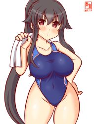 Rule 34 | 1girl, alternate costume, artist logo, black hair, blue one-piece swimsuit, breasts, collarbone, commentary request, competition swimsuit, cowboy shot, dated, closed eyes, gluteal fold, highleg, highleg swimsuit, kanon (kurogane knights), kantai collection, large breasts, long hair, one-hour drawing challenge, one-piece swimsuit, ponytail, red eyes, simple background, solo, standing, swimsuit, towel, white background, yahagi (kancolle)