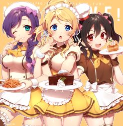 Rule 34 | !, 10s, 3girls, :d, :o, ;d, alternate costume, apron, aqua eyes, ayase eli, beret, black hair, blonde hair, blue eyes, blue ribbon, bow, braid, breasts, brown legwear, buttons, cake, cake slice, chef, chef hat, chips (food), chocolate, copyright name, cowboy shot, cream, double-breasted, eyebrows, eyelashes, fingernails, food, frilled apron, frilled legwear, frilled skirt, frilled sleeves, frills, fur trim, hair bow, hair over shoulder, hair ribbon, hand on another&#039;s shoulder, hat, holding, holding food, holding plate, ichinose yukino, locked arms, long fingernails, long hair, love live!, love live! school idol festival, love live! school idol project, maid headdress, miniskirt, multiple girls, neckerchief, one eye closed, open mouth, outline, pink bow, plate, ponytail, puffy short sleeves, puffy sleeves, purple hair, red eyes, ribbon, sauce, short sleeves, simple background, skirt, smile, swept bangs, thigh gap, thighhighs, tojo nozomi, twintails, twitter username, waist apron, white apron, white hat, wrist cuffs, yazawa nico, yellow background, yellow skirt, zettai ryouiki