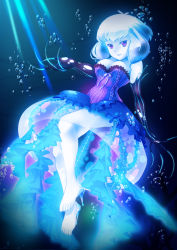 Rule 34 | 1girl, air bubble, bad id, bad pixiv id, breasts, bubble, cleavage, come hither, corset, dress, elbow gloves, fingernails, gloves, high heels, highres, jellyfish, jellyfish girl, light rays, long fingernails, looking at viewer, minamoto (mutton), monster girl, official art, original, personification, purple eyes, short hair, solo, underwater