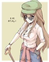 Rule 34 | 1girl, alternate costume, black gloves, blue pants, blunt bangs, border, breasts, brown hair, cabbie hat, character name, cleavage, clothes around waist, collared shirt, fingerless gloves, funyoi temoto a, gloves, green background, green hat, hat, highres, jacket, jacket around waist, jewelry, kantai collection, kongou (kancolle), large breasts, long hair, looking at viewer, necklace, one-hour drawing challenge, pants, pink shirt, shirt, simple background, single fingerless glove, single glove, smile, solo, sunglasses, twitter username, white border