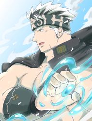 Rule 34 | 1boy, bara, bare pectorals, fighting stance, floating, from side, gakuran, grey hair, headband, highres, horkeu kamui, humanization, jacket, jacket on shoulders, large pectorals, liquid, looking to the side, male focus, multicolored hair, muscular, pale skin, pectorals, revealing clothes, school uniform, short hair, solo, tokyo houkago summoners, two-tone fur, upper body, vambraces, white hair, yanutorie, yellow eyes