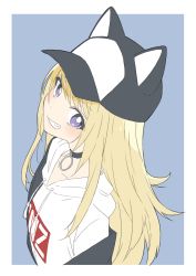 Rule 34 | 1girl, absurdres, bad id, bad twitter id, baseball cap, black choker, blonde hair, blush, choker, collarbone, donguri suzume, flat chest, from above, grin, hat, hat with ears, highres, kmnz, logo, long hair, looking at viewer, mc lita, purple eyes, shirt, smile, solo, virtual youtuber, white shirt