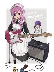 Rule 34 | 2girls, amplifier, apron, black dress, black shirt, blazer, blue eyes, border, breasts, brown footwear, buttons, collared dress, collared shirt, commentary request, cube hair ornament, dated, double-breasted, dress, electric guitar, frilled apron, frills, full body, gochuumon wa usagi desu ka?, grey background, guitar, hair between eyes, hair ornament, hairclip, happy birthday, highres, holding, holding guitar, holding instrument, holding plectrum, instrument, jacket, karede yura, loafers, long hair, long sleeves, looking at viewer, low twintails, maid, maid apron, maid headdress, medium breasts, mohei, multiple girls, necktie, open mouth, partial commentary, pink hair, plectrum, purple eyes, purple hair, purple necktie, school uniform, shirt, shoes, sidelocks, simple background, smile, standing, sweatdrop, tedeza rize, tedeza rize&#039;s school uniform, twintails, white apron, white border