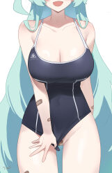 Rule 34 | 1girl, abydos high school swimsuit, artist name, bandaid, bandaid on arm, bandaid on pussy, black one-piece swimsuit, blue archive, blush, breasts, cleavage, clothing aside, collarbone, commentary, competition school swimsuit, covered navel, green hair, groin, highres, large breasts, logo, long hair, one-piece swimsuit, school swimsuit, simple background, smile, solo, swimsuit, swimsuit aside, tomid, very long hair, white background, yume (blue archive)