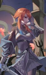 Rule 34 | 1girl, absurdres, armor, armored gloves, belt, blood, blood from mouth, blue hair, breasts, fingerless gloves, gloves, hanho, highres, holding, holding sword, holding weapon, hololive, hololive english, large breasts, long hair, multicolored hair, multiple belts, orange hair, pink eyes, scar, scar on face, sidelocks, smirk, streaked hair, sword, takanashi kiara, takanashi kiara (knight), torn clothes, virtual youtuber, weapon, wiping mouth