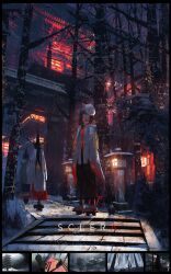 Rule 34 | 1girl, 2others, absurdres, architecture, asteroid ill, black hakama, building, closed mouth, east asian architecture, expressionless, facing to the side, forest, fox mask, geta, hair tie, hakama, highres, japanese clothes, long hair, looking at viewer, mask, mask on head, miko, multiple others, nature, night, original, outdoors, path, purple hair, road, scenery, sclera (asteroid ill), shrine, snow, socks, stairs, standing, star (sky), stone lantern, stone stairs, stone walkway, tree, white footwear, wide sleeves, winter, yellow eyes