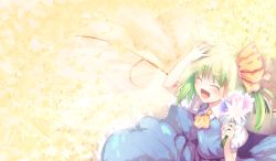 Rule 34 | 1girl, :d, ^ ^, ascot, blush, closed eyes, daiyousei, dress, closed eyes, female focus, flower, green hair, hair ribbon, holding, holding flower, kaiza (rider000), open mouth, revision, ribbon, side ponytail, smile, solo, touhou, wings
