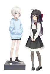 Rule 34 | 2girls, aged down, ahoge, alternate hair length, alternate hairstyle, bandaid, bandaid on knee, bandaid on leg, black footwear, black hair, black legwear, black shorts, black skirt, blue eyes, blue hoodie, bow, center frills, child, closed mouth, collared shirt, colored inner hair, commentary request, converse, cross-laced footwear, dress shirt, eye contact, flat chest, footstool, frills, full body, green eyes, hair bow, half updo, hands in pocket, height difference, high-waist skirt, highres, hood, hood down, hoodie, light blush, long hair, long sleeves, looking at another, multicolored hair, multiple girls, neck ribbon, original, own hands together, pantyhose, petticoat, puffy long sleeves, puffy sleeves, red bow, red ribbon, ribbon, shirt, shirt tucked in, shoes, short hair, short shorts, shorts, sidelocks, simple background, skirt, sneakers, soya (torga), standing, standing on object, tsurime, two-tone hair, v arms, white background, white hair, white shirt, wing collar
