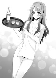 Rule 34 | 1girl, blush, bottle, braid, breasts, cleavage, crown braid, cup, drinking glass, female focus, genjitsu shugi yuusha no oukoku saikenki, greyscale, highres, holding, holding tray, juna doma, large breasts, long hair, looking at viewer, monochrome, naked towel, official art, smile, solo, standing, towel, tray
