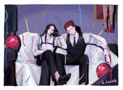 Rule 34 | 2boys, 3others, alternate costume, b luna14, balloon, black eyes, black hair, blood, commentary request, couch, crossed legs, formal, gloves, highres, hisoka morow, hunter x hunter, illumi zoldyck, korean commentary, long hair, looking at viewer, makeup, multiple boys, multiple others, necktie, red hair, shirt, short hair, sitting, white shirt, yellow eyes
