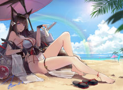 Rule 34 | 1girl, amagi (azur lane), amagi (wending waters serene lotus) (azur lane), animal ears, azur lane, barefoot, beach, bikini, black hair, blunt bangs, breasts, commentary request, day, fox ears, fox tail, from side, highres, janload1ng, large breasts, long hair, looking at viewer, outdoors, palm tree, purple eyes, shoes, unworn shoes, sitting, solo, swimsuit, tail, thigh strap, thighs, tree, very long hair, white bikini