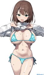 Rule 34 | 1girl, aqua bikini, bikini, breasts, brown hair, clothes lift, copyright request, fang, green eyes, highres, large breasts, lifting own clothes, long sleeves, navel, open mouth, shirt, shirt lift, shisoneri, short hair, simple background, smile, solo, sweat, swimsuit, twitter username, white background, white shirt