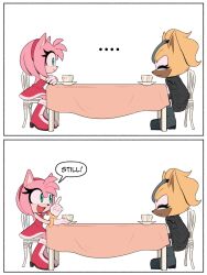 Rule 34 | ..., 2girls, absurdres, amy rose, animal ears, animal nose, aqua eyes, bare shoulders, black cape, blonde hair, boots, bracelet, breasts, cape, chair, closed eyes, closed mouth, comic, commentary, cup, dress, english commentary, english text, eyelashes, fang, furry, furry female, gloves, gold bracelet, grey footwear, grey pants, hairband, hand up, hedgehog ears, hedgehog girl, high heels, highres, index finger raised, jewelry, long hair, looking at another, medium breasts, multiple girls, open mouth, pants, pink fur, plate, pocket, ponytail, red dress, red footwear, red hairband, simple background, sitting, sleeveless, sleeveless dress, smile, sonic (series), speech bubble, table, tongue, toonsite, whisper the wolf, white background, white gloves, wolf ears, wolf girl, yellow fur