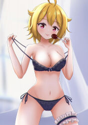 Rule 34 | 1girl, :p, absurdres, ahoge, black bra, blonde hair, blurry, blurry background, bow, bow bra, bra, bra pull, breasts, bridal garter, candy, cleavage, closed mouth, clothes pull, commentary, cowboy shot, er dinosaur, food, highres, holding, holding candy, holding food, holding lollipop, ibuki tsubasa, idolmaster, idolmaster million live!, lace, lace-trimmed bra, lace trim, lollipop, looking at viewer, medium breasts, panties, pulled by self, red eyes, short hair, side-tie panties, smile, solo, standing, string panties, tongue, tongue out, underwear, underwear only