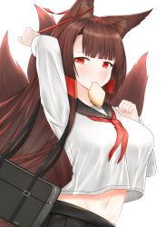 Rule 34 | 1girl, absurdres, akagi (azur lane), animal ears, azur lane, black bag, black skirt, bread, bread slice, breasts, brown hair, food, food in mouth, fox ears, fox girl, fox tail, highres, japanese clothes, large breasts, long hair, mouth hold, multiple tails, navel, red eyes, school uniform, shirt, simple background, skirt, smile, tail, toast, toast in mouth, white background, white shirt, woon, yandere