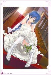 Rule 34 | 1girl, absurdres, blue hair, blush, boots, bouquet, bow, breasts, bridal veil, bride, cleavage, cross-laced footwear, dress, dutch angle, earrings, flower, garter straps, gloves, green eyes, happoubi jin, high heels, highres, jewelry, lace-up boots, large breasts, long hair, necklace, open mouth, panties, pearl necklace, petals, ribbon, rose, rose petals, shoes, sitting, solo, stairs, thighhighs, tiara, underwear, upskirt, veil, wedding dress, white flower, white rose, yellow eyes