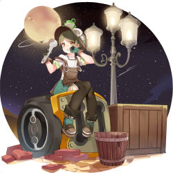Rule 34 | 1girl, black thighhighs, boots, brick, brown eyes, brown hair, bucket, character request, crate, dragon nest, frog, full moon, gloves, goggles, goggles on headwear, green gloves, green hair, hat, highres, holding, lamppost, moon, natie (latte), night, night sky, outdoors, overalls, shirt, short hair, short sleeves, sitting, sitting on object, sky, solo, star (sky), starry sky, thighhighs, white shirt, wrench, yellow eyes
