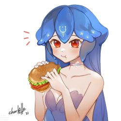 Rule 34 | 1girl, aqua nails, bao (vtuber), bao (vtuber) (1st costume), blue hair, breasts, burger, cleavage, closed mouth, commentary, food, hair between eyes, highres, holding, holding food, indie virtual youtuber, long hair, lottevanhalen, nail polish, red eyes, simple background, solo, virtual youtuber, white background